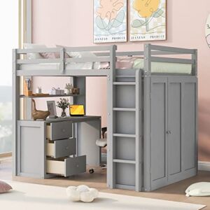 Merax Loft Bed Full Size Adult, Wooden Frame with Desk and Wardrobe, Storage Design with Drawers & Shelf, for Teen Girls & Boys(Grey)