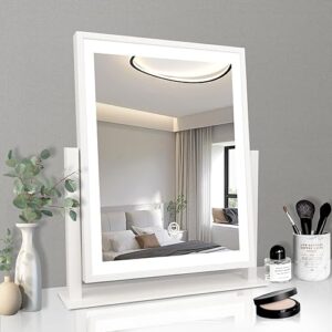 makeup mirror with lights, 16in fashion lighted vanity mirror with dimmable light, smart control, memory, adjustable warm white/natural/daylight, birthday wedding gift, 360°rotation white