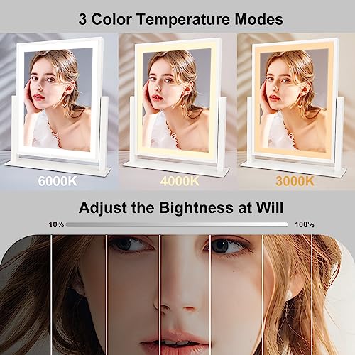 Makeup Mirror with Lights, 16in Fashion Lighted Vanity Mirror with Dimmable Light, Smart Control, Memory, Adjustable Warm White/Natural/Daylight, Birthday Wedding Gift, 360°Rotation White