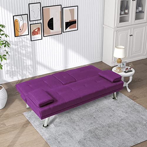 ERYE Modern Convertible Futon Bed, Adjustable Functional Loveseat Compact Foldable Love Seat,Comfy Sleeper Daybed 3 in1 Recliner Sofa & Couch for Small Space Sofabed, Purple Linen