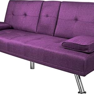 ERYE Modern Convertible Futon Bed, Adjustable Functional Loveseat Compact Foldable Love Seat,Comfy Sleeper Daybed 3 in1 Recliner Sofa & Couch for Small Space Sofabed, Purple Linen