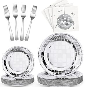 tanlade 200 pieces disco party supplies tableware set disco ball dinner plates napkins forks for 70s 80s 90s disco birthday rock roll dance music party 50 guests (silver)