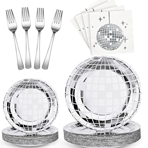 Tanlade 200 Pieces Disco Party Supplies Tableware Set Disco Ball Dinner Plates Napkins Forks for 70s 80s 90s Disco Birthday Rock Roll Dance Music Party 50 Guests (Silver)