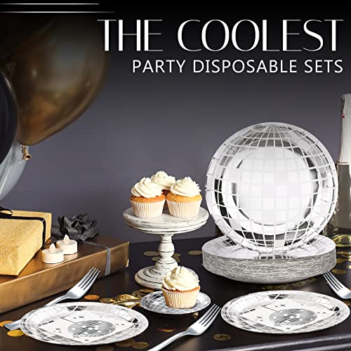 Tanlade 200 Pieces Disco Party Supplies Tableware Set Disco Ball Dinner Plates Napkins Forks for 70s 80s 90s Disco Birthday Rock Roll Dance Music Party 50 Guests (Silver)