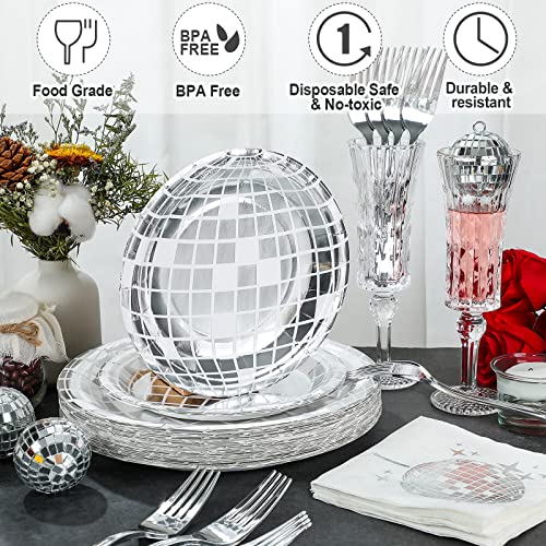 Tanlade 200 Pieces Disco Party Supplies Tableware Set Disco Ball Dinner Plates Napkins Forks for 70s 80s 90s Disco Birthday Rock Roll Dance Music Party 50 Guests (Silver)