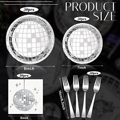 Tanlade 200 Pieces Disco Party Supplies Tableware Set Disco Ball Dinner Plates Napkins Forks for 70s 80s 90s Disco Birthday Rock Roll Dance Music Party 50 Guests (Silver)