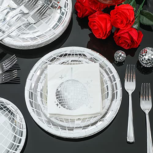 Tanlade 200 Pieces Disco Party Supplies Tableware Set Disco Ball Dinner Plates Napkins Forks for 70s 80s 90s Disco Birthday Rock Roll Dance Music Party 50 Guests (Silver)