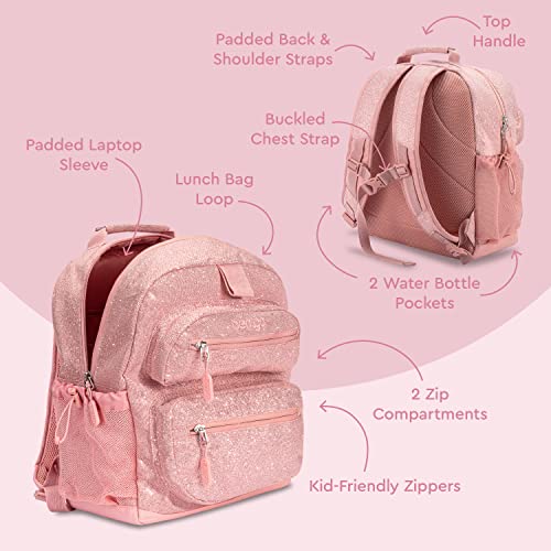 Bentgo® Kids Backpack - Glitter Designed Lightweight 14” for School, Travel & Daycare - Roomy Interior, Durable & Water-Resistant Fabric & Loop for Lunch Bag (Glitter Edition - Petal Pink)