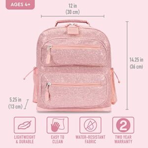 Bentgo® Kids Backpack - Glitter Designed Lightweight 14” for School, Travel & Daycare - Roomy Interior, Durable & Water-Resistant Fabric & Loop for Lunch Bag (Glitter Edition - Petal Pink)