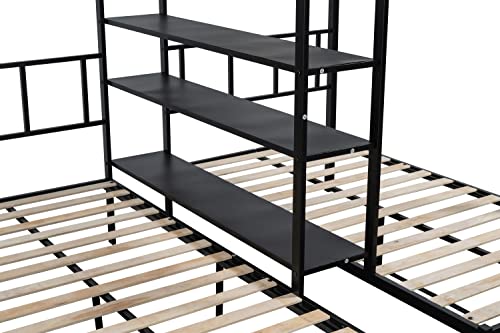 Goohome Full Over Twin and Twin Size Triple Bunk Bed with 4 Shelves, Heavy-Duty Steel Triple Bunk Beds Frame W/Safety Guardrail, Built-in Wood Slat and Ladder, for Kids, Teens, Adults