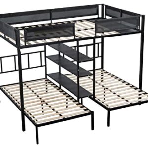 Goohome Full Over Twin and Twin Size Triple Bunk Bed with 4 Shelves, Heavy-Duty Steel Triple Bunk Beds Frame W/Safety Guardrail, Built-in Wood Slat and Ladder, for Kids, Teens, Adults