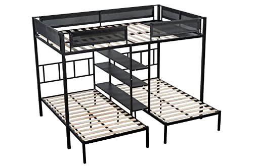 Goohome Full Over Twin and Twin Size Triple Bunk Bed with 4 Shelves, Heavy-Duty Steel Triple Bunk Beds Frame W/Safety Guardrail, Built-in Wood Slat and Ladder, for Kids, Teens, Adults