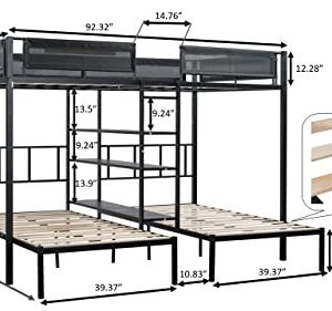 Goohome Full Over Twin and Twin Size Triple Bunk Bed with 4 Shelves, Heavy-Duty Steel Triple Bunk Beds Frame W/Safety Guardrail, Built-in Wood Slat and Ladder, for Kids, Teens, Adults