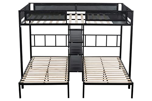 Goohome Full Over Twin and Twin Size Triple Bunk Bed with 4 Shelves, Heavy-Duty Steel Triple Bunk Beds Frame W/Safety Guardrail, Built-in Wood Slat and Ladder, for Kids, Teens, Adults