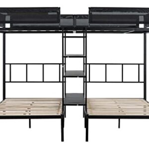 Goohome Full Over Twin and Twin Size Triple Bunk Bed with 4 Shelves, Heavy-Duty Steel Triple Bunk Beds Frame W/Safety Guardrail, Built-in Wood Slat and Ladder, for Kids, Teens, Adults