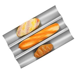 Qiilu Baguette Baguette Stainless Steel Silver Nonstick Multigrooves Waves French Bread Pan Baguette Baking Cooking Tray Kitchen Tool (Three slots)