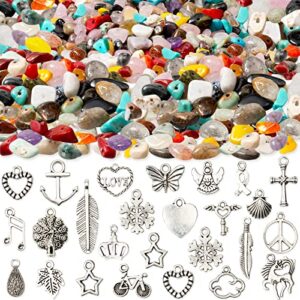 natural chip stones for bracelet - 400pcs 5mm to 8mm gemstones healing loose rocks bead hole drilled diy with 30pcs silver charms for bracelet necklace earrings jewelry making craft