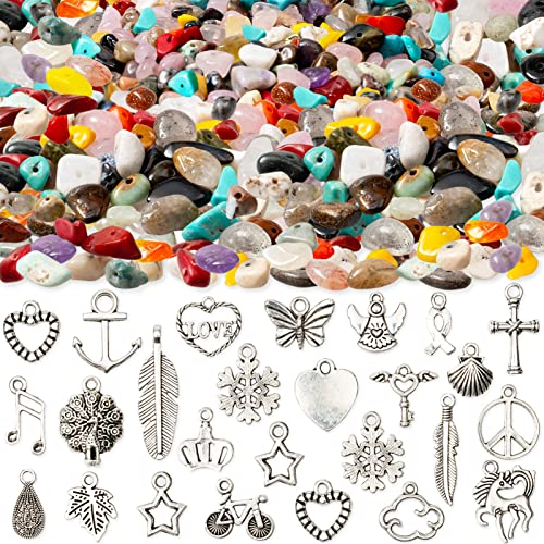 Natural Chip Stones for Bracelet - 400pcs 5mm to 8mm Gemstones Healing Loose Rocks Bead Hole Drilled DIY with 30pcs Silver Charms for Bracelet Necklace Earrings Jewelry Making Craft