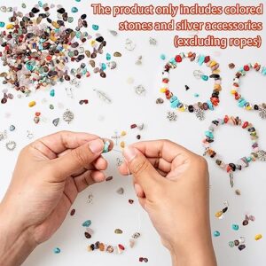 Natural Chip Stones for Bracelet - 400pcs 5mm to 8mm Gemstones Healing Loose Rocks Bead Hole Drilled DIY with 30pcs Silver Charms for Bracelet Necklace Earrings Jewelry Making Craft