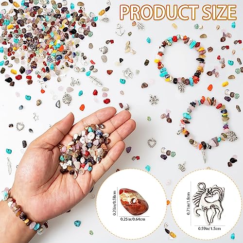 Natural Chip Stones for Bracelet - 400pcs 5mm to 8mm Gemstones Healing Loose Rocks Bead Hole Drilled DIY with 30pcs Silver Charms for Bracelet Necklace Earrings Jewelry Making Craft