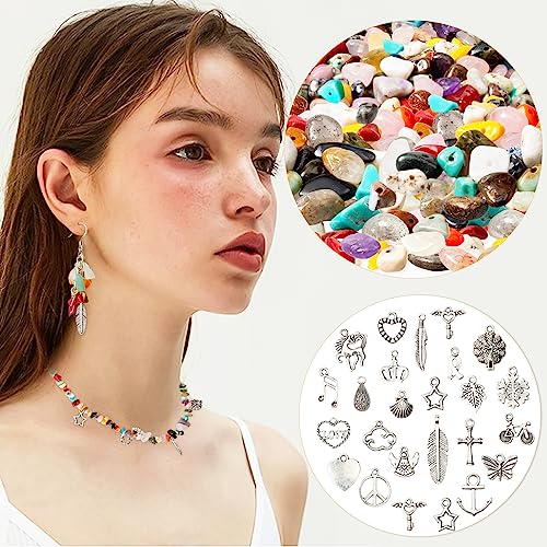 Natural Chip Stones for Bracelet - 400pcs 5mm to 8mm Gemstones Healing Loose Rocks Bead Hole Drilled DIY with 30pcs Silver Charms for Bracelet Necklace Earrings Jewelry Making Craft