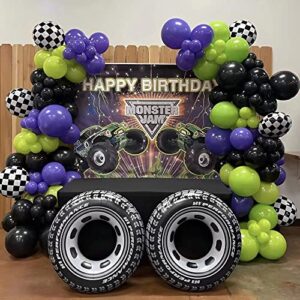 Truck Theme Balloon Garland Arch Kit 150pcs Black Green Purple Balloon with Checkered Flag and Large Hot Wheel Balloon for Monster Theme Birthday Party Decorations (without backdrop)