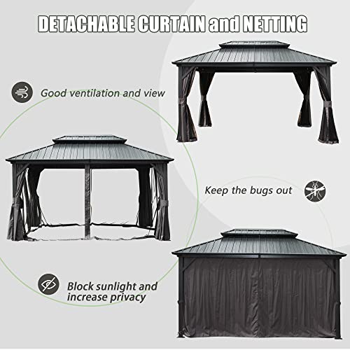 Domi 12’ x 14’ Hardtop Gazebo Canopy Outdoor Aluminum Gazebo, Galvanized Steel Double Roof with Curtains and Netting for Deck, Backyard, Patio, Garden