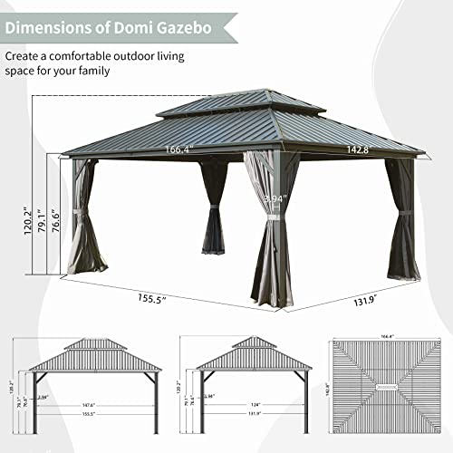 Domi 12’ x 14’ Hardtop Gazebo Canopy Outdoor Aluminum Gazebo, Galvanized Steel Double Roof with Curtains and Netting for Deck, Backyard, Patio, Garden