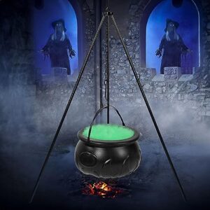 hourleey witches cauldron on tripod, halloween outdoor decorations with green lights, hocus pocus candy bucket decor for home patio garden lawn outside