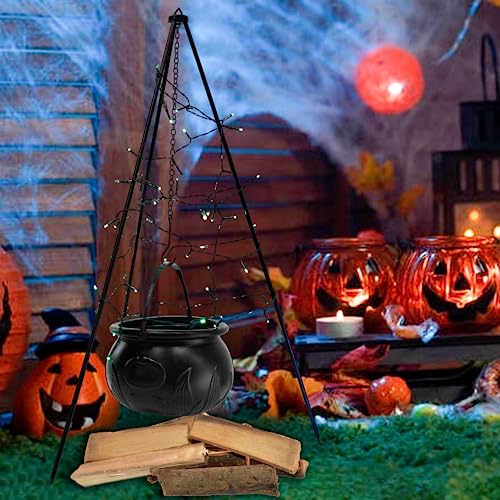 Hourleey Witches Cauldron on Tripod, Halloween Outdoor Decorations with Green Lights, Hocus Pocus Candy Bucket Decor for Home Patio Garden Lawn Outside