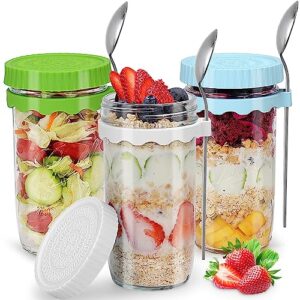 overnight oats jars, overnight oats containers with silicone lid and spoon 16 oz,for oats yogurt,milk,fruit,breakfast,leak-proof reusable portable with measurement marks food storage container (white+blue+green)