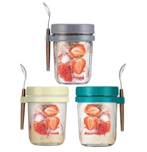 wdcme 3 pack glass mason overnight oats jars with airtight lids and spoons,12 oz reusable overnight oats containers with measurement marks (green-yellow-grey)