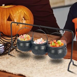 hourleey halloween decorations, set of 3 witches cauldron serving bowls on rack, black plastic hocus pocus candy bucket cauldron for indoor outdoor home kitchen candy holder decor