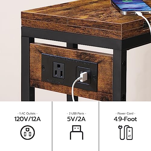 HOOBRO C Shaped Side Table with Charging Station, Foldable End Table with Fabric Bag, Sofa Couch Table Coffee Table Snack Table for Small Space Living Room, Bedroom, Rustic Brown and Black BF30USF01