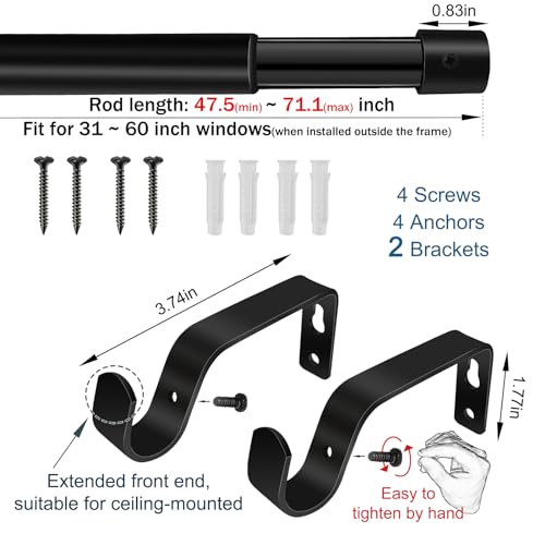 TrencaHK 3/4-inch Curtain Rods for Windows 31 to 60, Adjustable Window Rod with Ceiling or Wall-Mount, Easy Installation for Any Room & Outdoor Patio, Black Curtain Rod