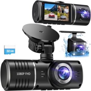 dash cam, 3 channel dash cam, 1080p dash cam front and inside, triple dash cam front and rear inside, dash camera with 32gb card, hdr, g-sensor, 24hr parking, loop recording
