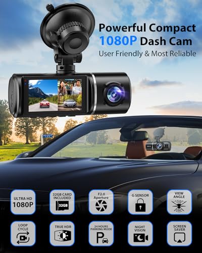 Dash Cam, 3 Channel Dash Cam, 1080P Dash Cam Front and Inside, Triple Dash Cam Front and Rear Inside, Dash Camera with 32GB Card, HDR, G-Sensor, 24Hr Parking, Loop Recording