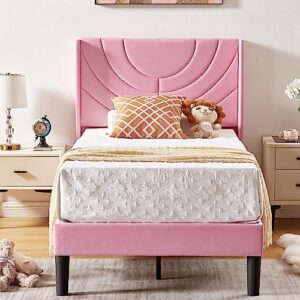 vecelo twin size upholstered platform bed frame with fabric headboard,wooden slats support/no box spring needed/mattress foundation/easy assembly,pink