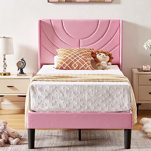 VECELO Twin Size Upholstered Platform Bed Frame with Fabric Headboard,Wooden Slats Support/No Box Spring Needed/Mattress Foundation/Easy Assembly,Pink