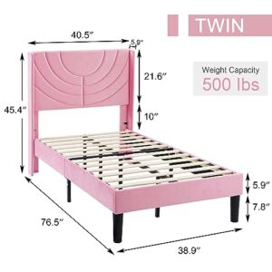 VECELO Twin Size Upholstered Platform Bed Frame with Fabric Headboard,Wooden Slats Support/No Box Spring Needed/Mattress Foundation/Easy Assembly,Pink