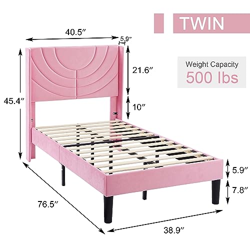 VECELO Twin Size Upholstered Platform Bed Frame with Fabric Headboard,Wooden Slats Support/No Box Spring Needed/Mattress Foundation/Easy Assembly,Pink