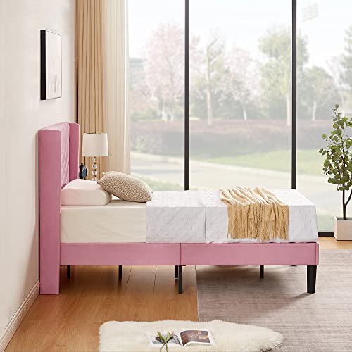 VECELO Twin Size Upholstered Platform Bed Frame with Fabric Headboard,Wooden Slats Support/No Box Spring Needed/Mattress Foundation/Easy Assembly,Pink