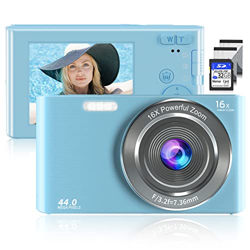 Saneen Digital Camera, FHD 2.7K & 44MP Kids Camera Video Cameras for Photography with 32GB SD Card 16X Digital Zoom, Compact Point and Shoot Camera Small Camera for Beginners, Kids and Teens-Blue