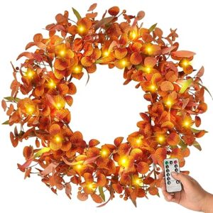 xhxstore 22" fall wreaths for front door with 30 led warm lights artificial fall eucalyptus wreath with berries autumn door wreath for home farmhouse indoor outdoor festival window wall decor