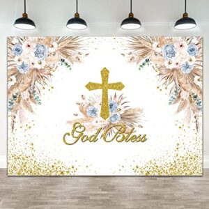 wollmix 1st first communion baptism decorations backdrop 7x5ft god bless holy communion banner christening gold dots boho florals photography background baby shower banner photo booth props