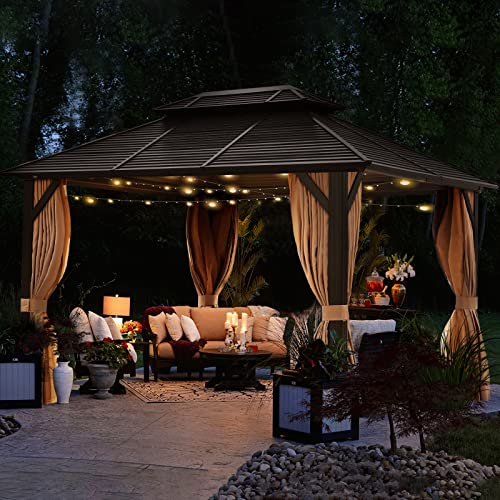 NOBLEMOOD 10’ x 13’ Hardtop Gazebo with Curtains and Netting, Double Roof Outdoor Gazebo with Polycarbonate Canopy, Aluminum Frame Permanent Gazebo for Patio Garden(Brown)