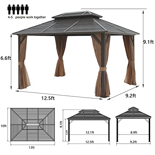 NOBLEMOOD 10’ x 13’ Hardtop Gazebo with Curtains and Netting, Double Roof Outdoor Gazebo with Polycarbonate Canopy, Aluminum Frame Permanent Gazebo for Patio Garden(Brown)
