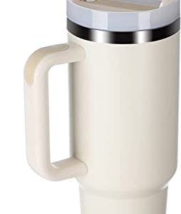 40oz stainless steel vacuum mug with handle and straw flip straw travel mug for men and women (White)