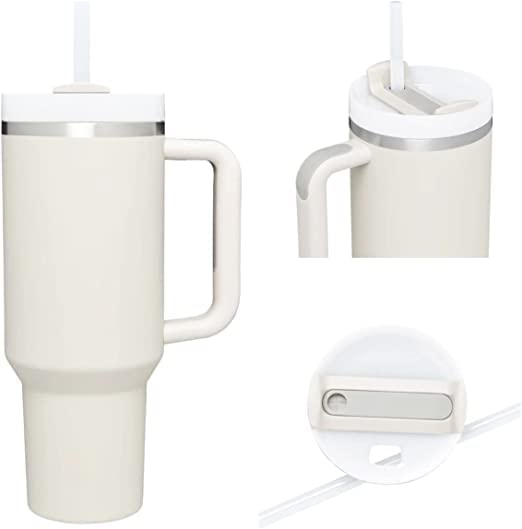 40oz stainless steel vacuum mug with handle and straw flip straw travel mug for men and women (White)