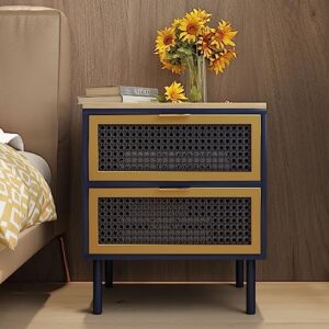 2 drawer nightstand, large bed side table with storage drawers and golden legs, modern end table living room dorm, blue and gold accent table cabinet with wood top for bedroom